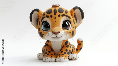 Adorable 3D rendering of a cartoon jaguar cub, sitting on a white background, with large expressive eyes and cute features.