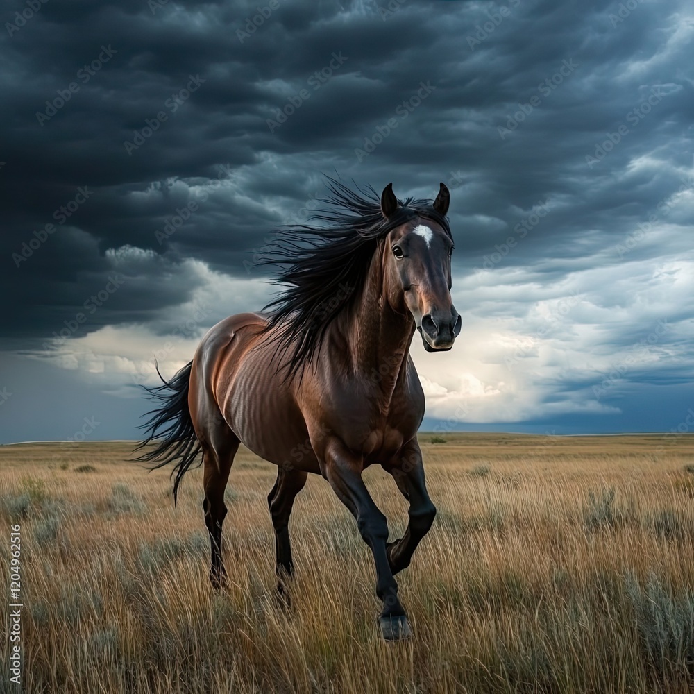 Dark Horse Running Through Prairie Under Stormy Sky Dark Horse Running Through Prairie Under Stormy Sky
