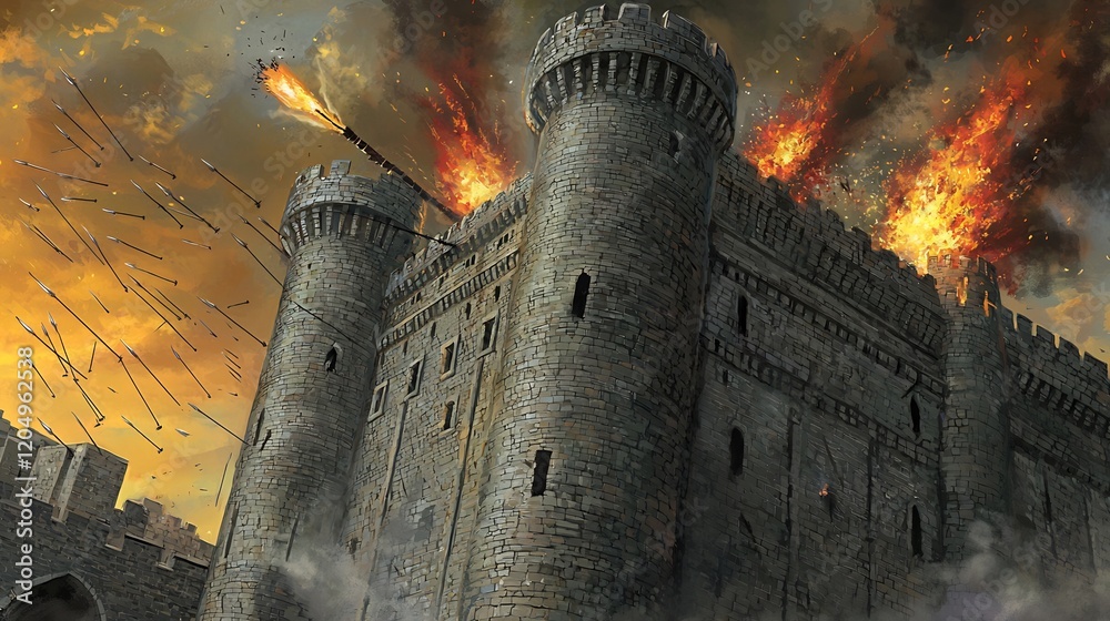 Fototapeta premium Medieval Castle Under Siege with Flames and Arrows in a Dramatic Sky Setting