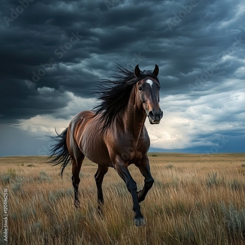 Dark Horse Running Through Prairie Under Stormy Sky