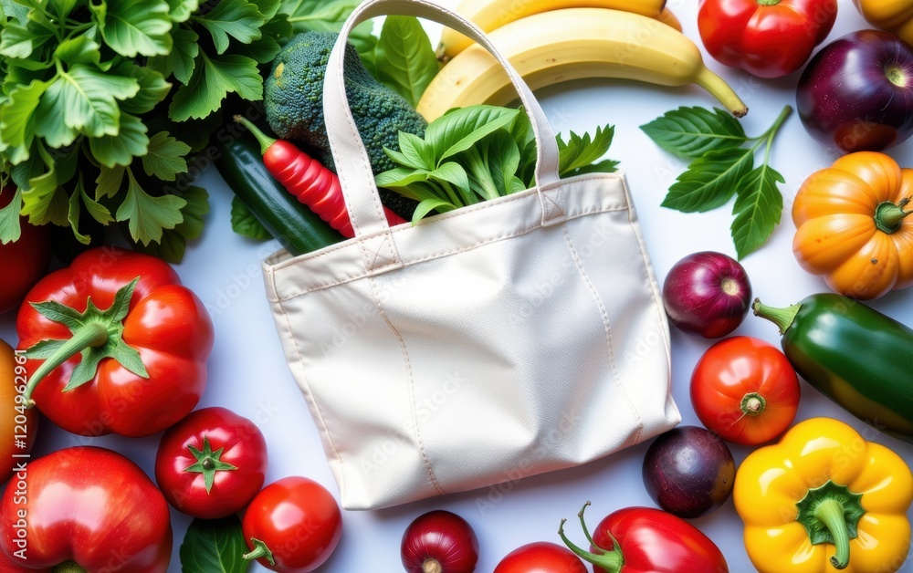 A vibrant assortment of fresh vegetables spilling out of a reusable cloth bag, emphasizing sustainable shopping and healthy eating. A vibrant assortment of fresh vegetables spilling out of a reusable cloth bag, emphasizing sustainable shopping and healthy eating.