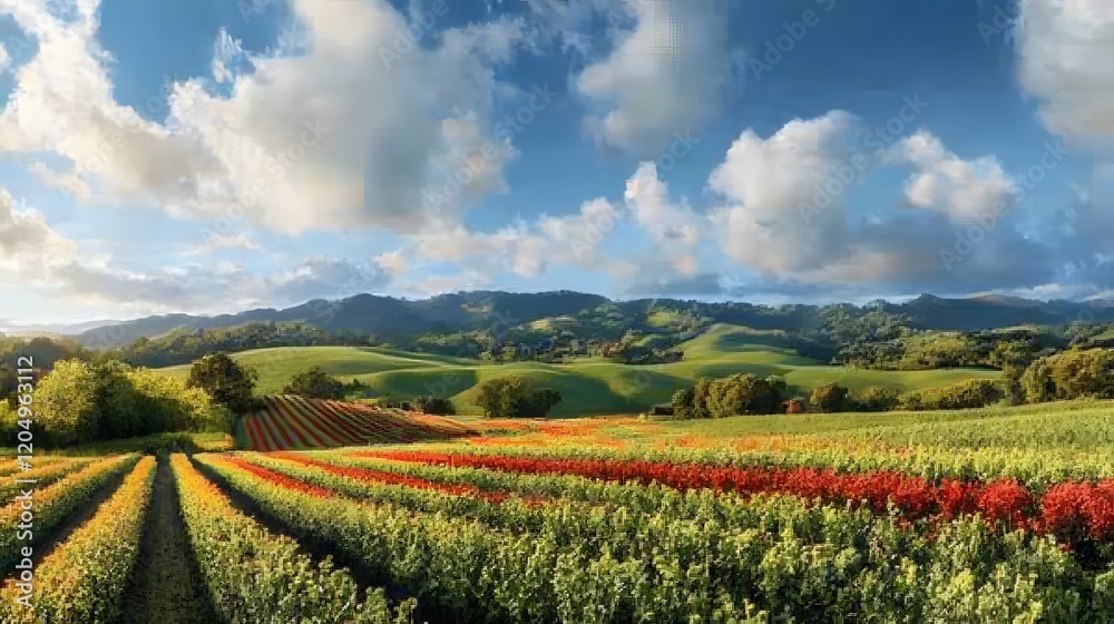Vibrant Vineyard Rows Under a Sunny Sky