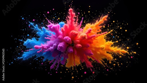 Eye-level view of a vibrant explosion of colorful powder—blue, pink, orange, and yellow—with dynamic splashes radiating outward from the center
