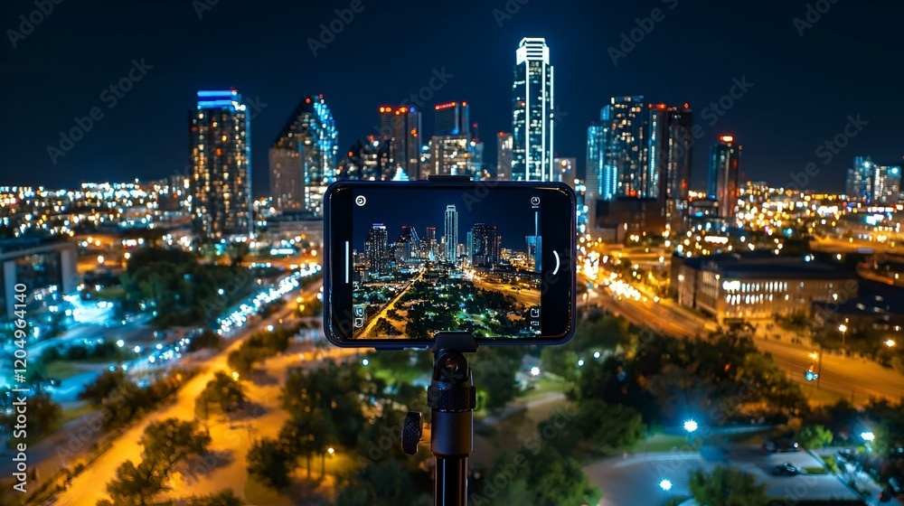 Obraz premium Smartphone on Tripod, A smartphone securely mounted on a sturdy tripod, ready to capture moments with stability and precision.