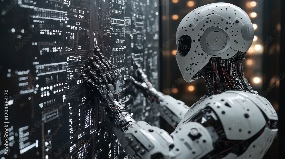 Fototapeta premium Electronic circuit board with AI smart robot technology, AI generated image