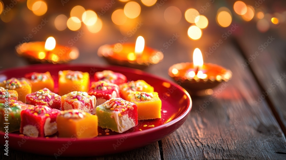 Fototapeta premium Festive dinner table filled with traditional Indian dishes,Indian traditional sweets set,Mix indian milk made sweets of indian and pakistani festivals.