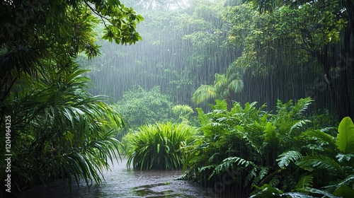Lush Rainforest Downpour Flooding A Stream