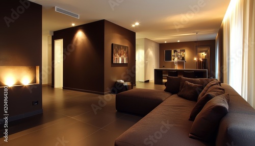 living room interior in deep brown hues, showcasing a stylish sofa and minimalist decor, leading into a hallway that embodies contemporary home design