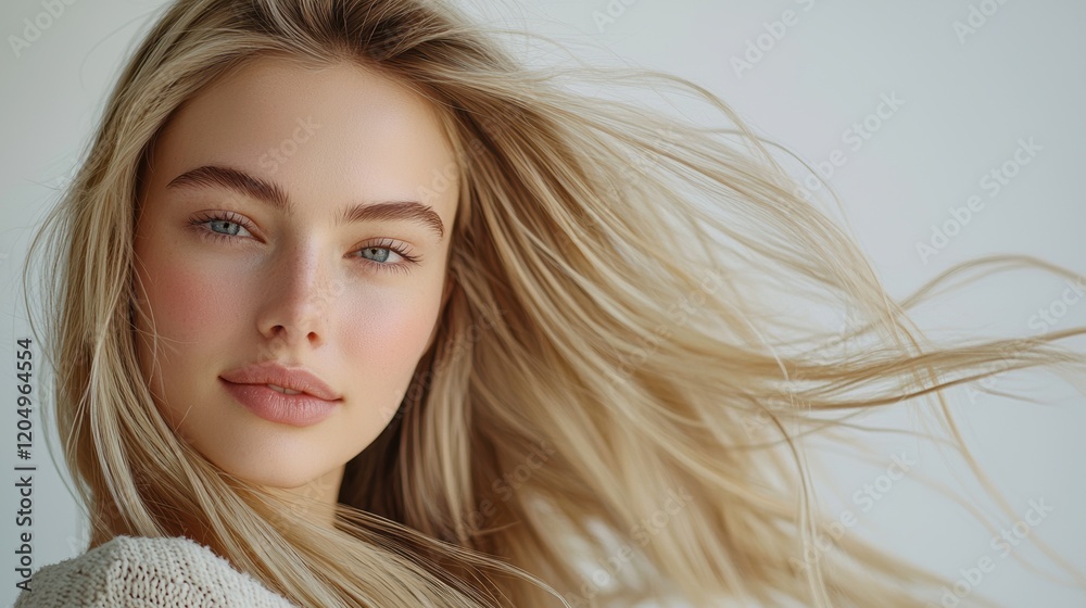 Fototapeta premium A blonde woman with long hair and a pinkish tint to her lips. Generative AI