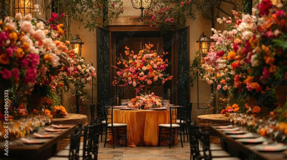 Fototapeta premium A beautifully decorated dining space adorned with vibrant flowers, creating a romantic and elegant atmosphere for gatherings or events.