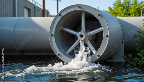 Micro-hydro turbine displaying water flow and sunlight in an industrial renewable energy setting photo