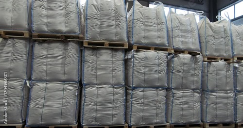 Fertilizer warehouse. Storage of fertilizers in bags for further use in agriculture.