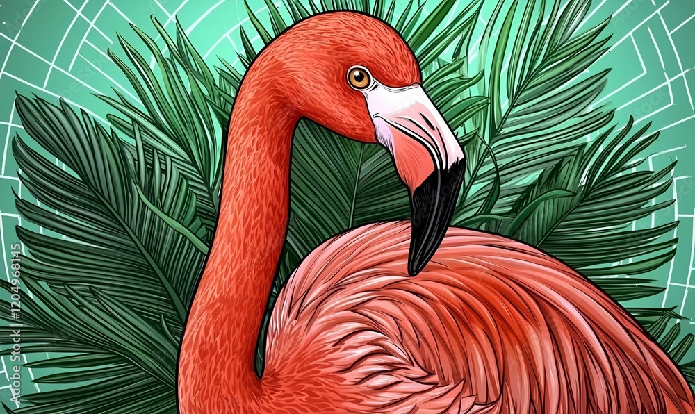 Fototapeta premium Whimsical Flamingo Amidst Tropical Foliage, A vibrant illustration featuring a pink flamingo surrounded by lush leaves and a pineapple.