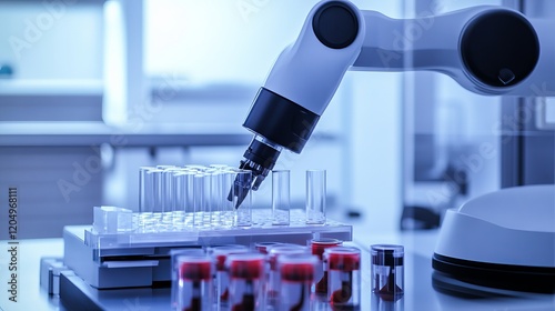 A robotic arm handling delicate biological samples in a high-tech biosafety lab, clean and secure laboratory environment, Biosafety-tech style