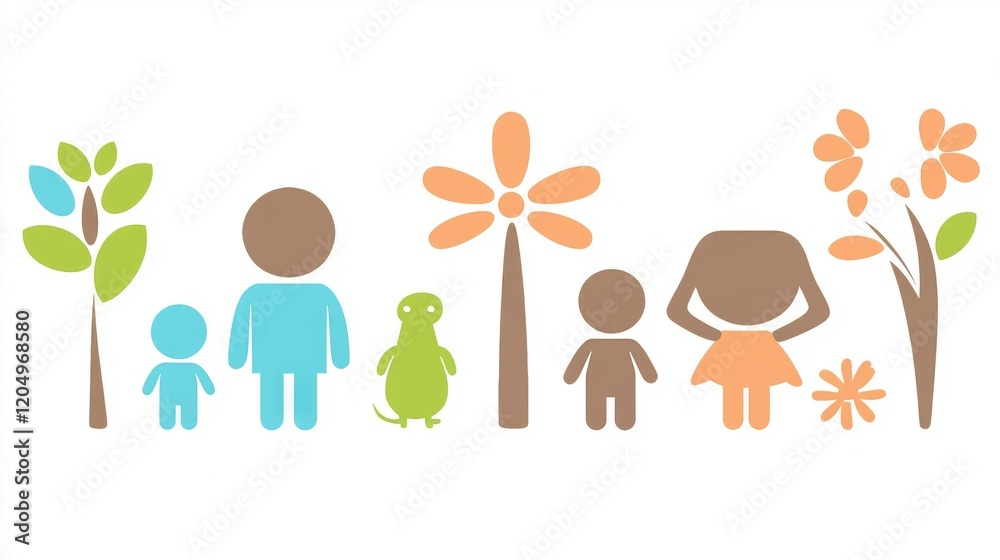 Happy Family Icon Set Parents, Children, Pet, Trees, Flowers Happy Family Icon Set Parents, Children, Pet, Trees, Flowers