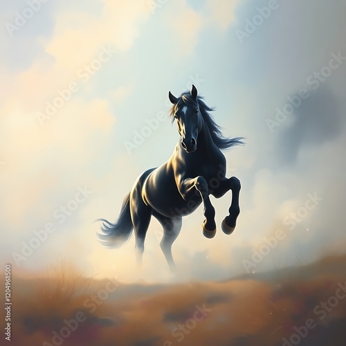 Majestic black horse galloping in a misty field at sunrise. photo