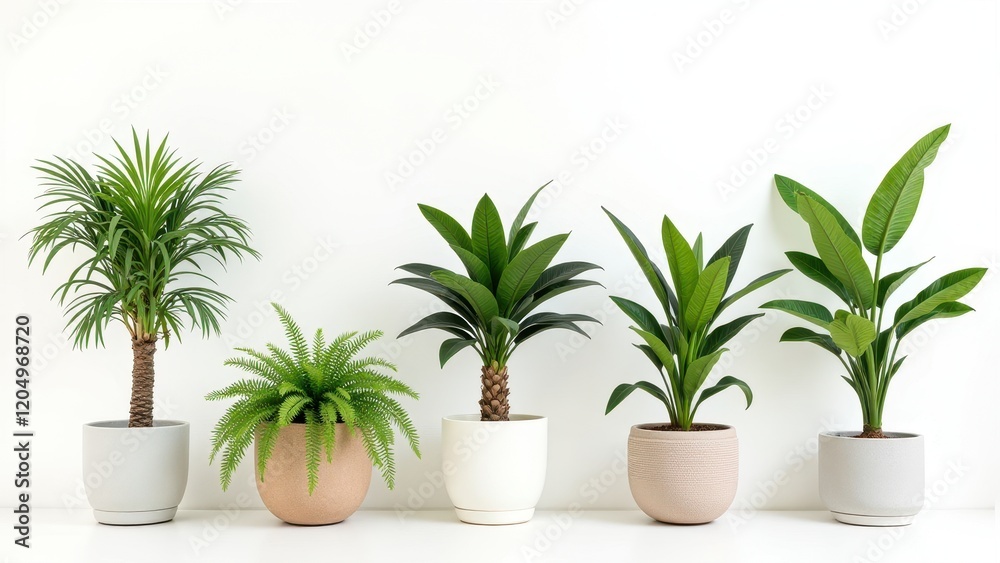 A serene arrangement of five vibrant houseplants on a pristine white shelf. Highlights include a striking Dracaena Marginata with its rich brown trunk at the forefront, against a calming neutral backd A serene arrangement of five vibrant houseplants on a pristine white shelf. Highlights include a striking Dracaena Marginata with its rich brown trunk at the forefront, against a calming neutral backd