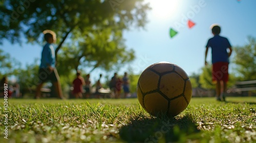 Lively Community Street Football Game Under Sunny Sky with Colorful Decorations