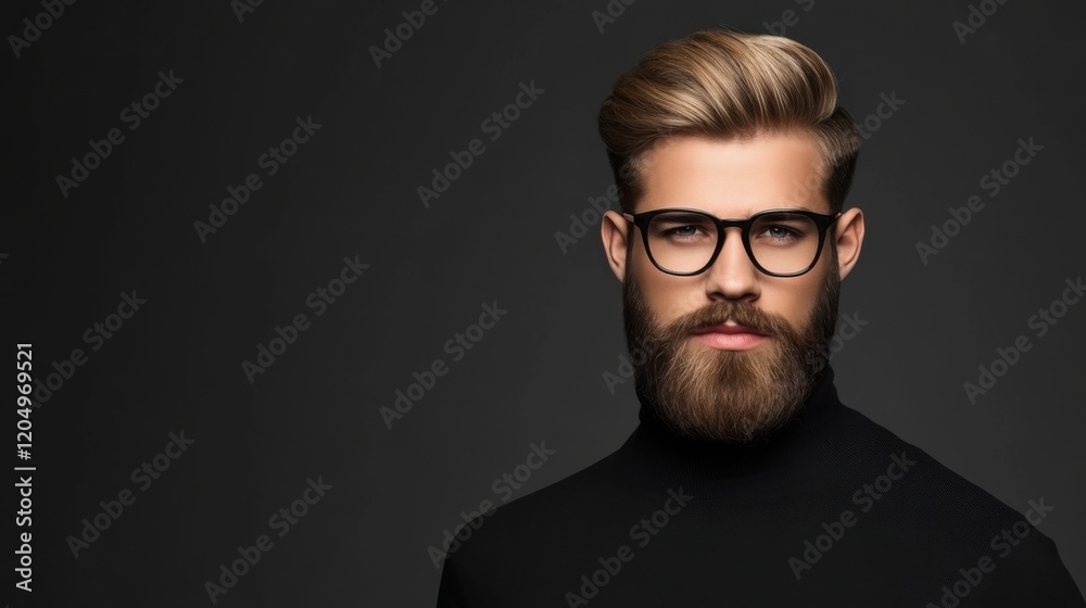 Fototapeta premium Stylish man with glasses and beard in black turtleneck against dark background for modern fashion concepts