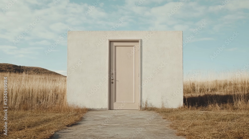 Minimalist single door in a concrete cube in a field. Minimalist single door in a concrete cube in a field.