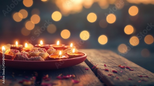 Festive dinner table filled with traditional Indian dishes,Indian traditional sweets set,Mix indian milk made sweets of indian and pakistani festivals. photo