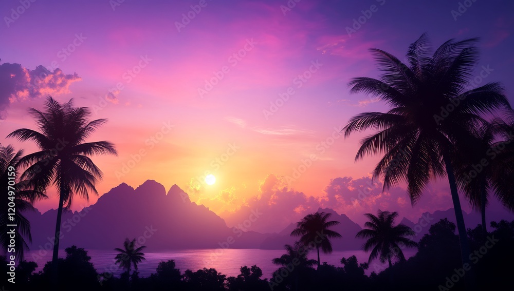 Tropical sunset silhouette, beach paradise, calm ocean, vacation Tropical sunset silhouette, beach paradise, calm ocean, vacation