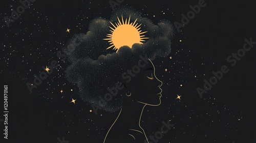 Woman Silhouette with Sun and Clouds in Cosmic Scene