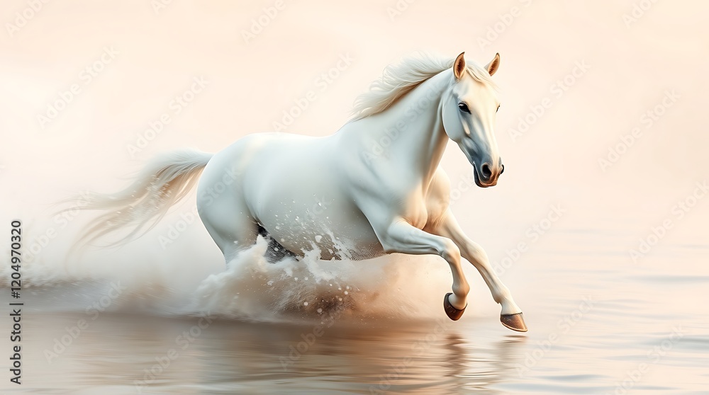 Naklejka premium Majestic white horse galloping in shallow water at sunrise.