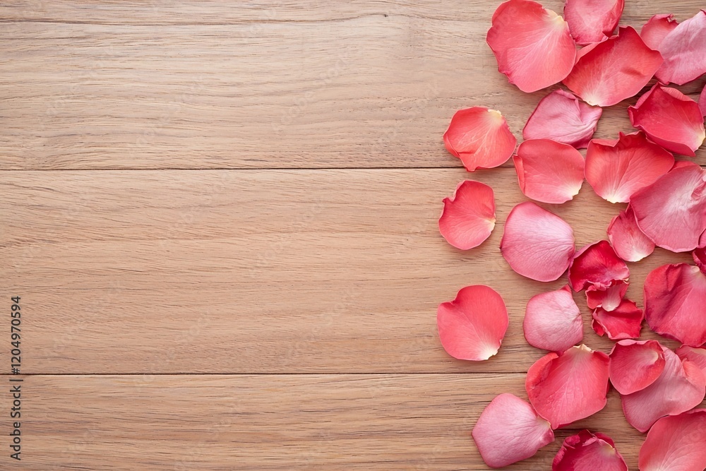 Fototapeta premium Romantic Rustic Rose Petal Arrangement on Wooden Table in Soft Natural Light