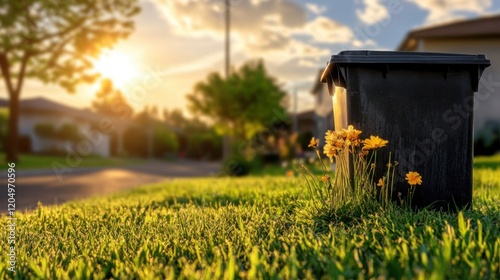 Taking Out the Trash in a Suburban Backyard at Sunset with Flowers photo