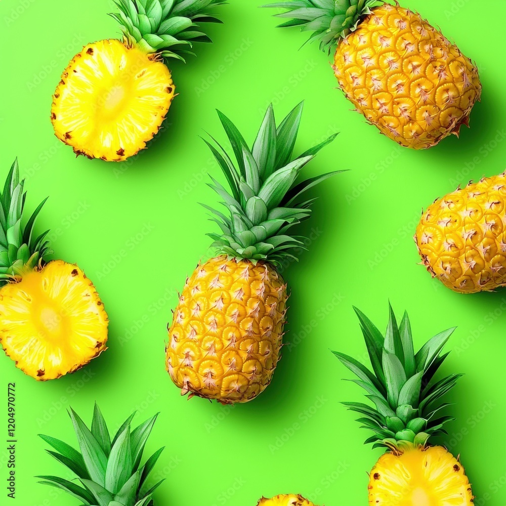 Vibrant Pineapple Pattern on Bright Green Background Vibrant Pineapple Pattern on Bright Green Background