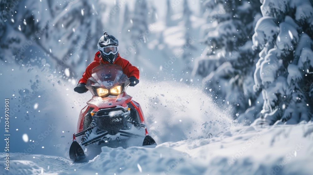 Snowmobiler in snowy mountains, AI generated image Snowmobiler in snowy mountains, AI generated image