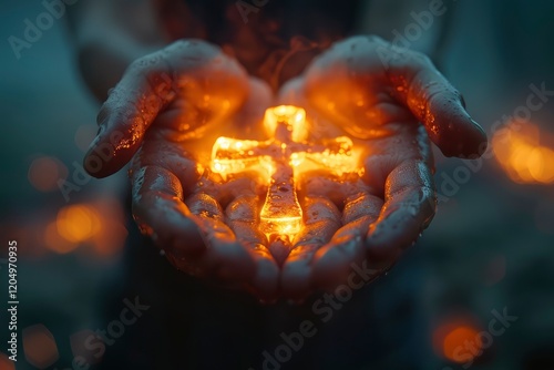 An image of hands holding a glowing holy Jesus Christ cross and the concept of a god helping people