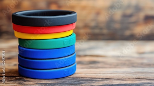Stack of Colorful Silicone Rings on Wooden Surface