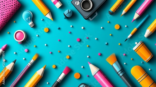 Vibrant array of stationery supplies and tools for creative projects on teal backdrop with floating colorful dots photo