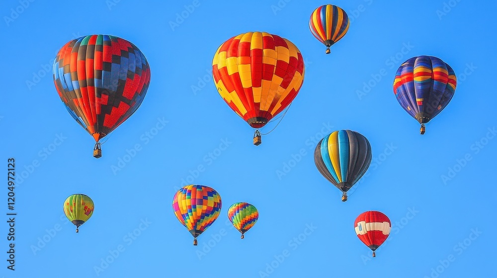 Obraz premium Balloons flying into the blue sky, symbolizing freedom and joyful celebrations 