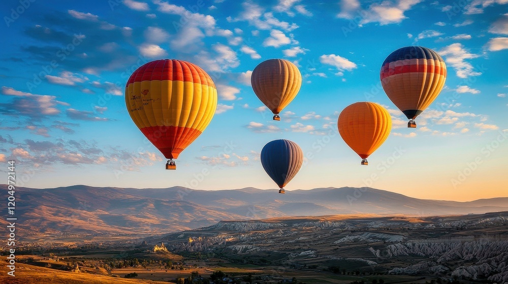 Obraz premium Balloons flying into the blue sky, symbolizing freedom and joyful celebrations 