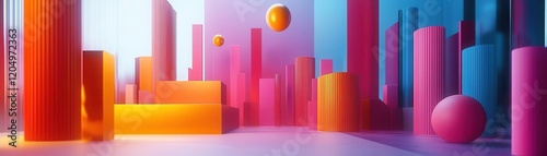 A vibrant, abstract landscape featuring colorful geometric shapes, including tall pillars and spheres, set against a bright background.