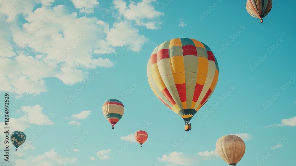 Obraz premium Balloons flying into the blue sky, symbolizing freedom and joyful celebrations 