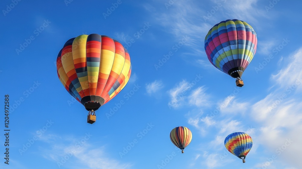 Obraz premium Balloons flying into the blue sky, symbolizing freedom and joyful celebrations 