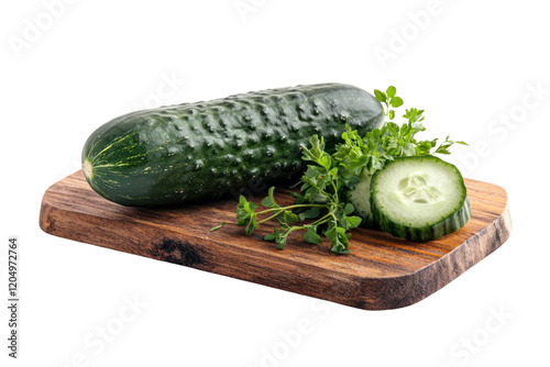 A whole cucumber with a glossy, dark green skin, resting on a wooden cutting board. The cucumber is slightly angled to reveal its cylindrical shape and smooth surface photo