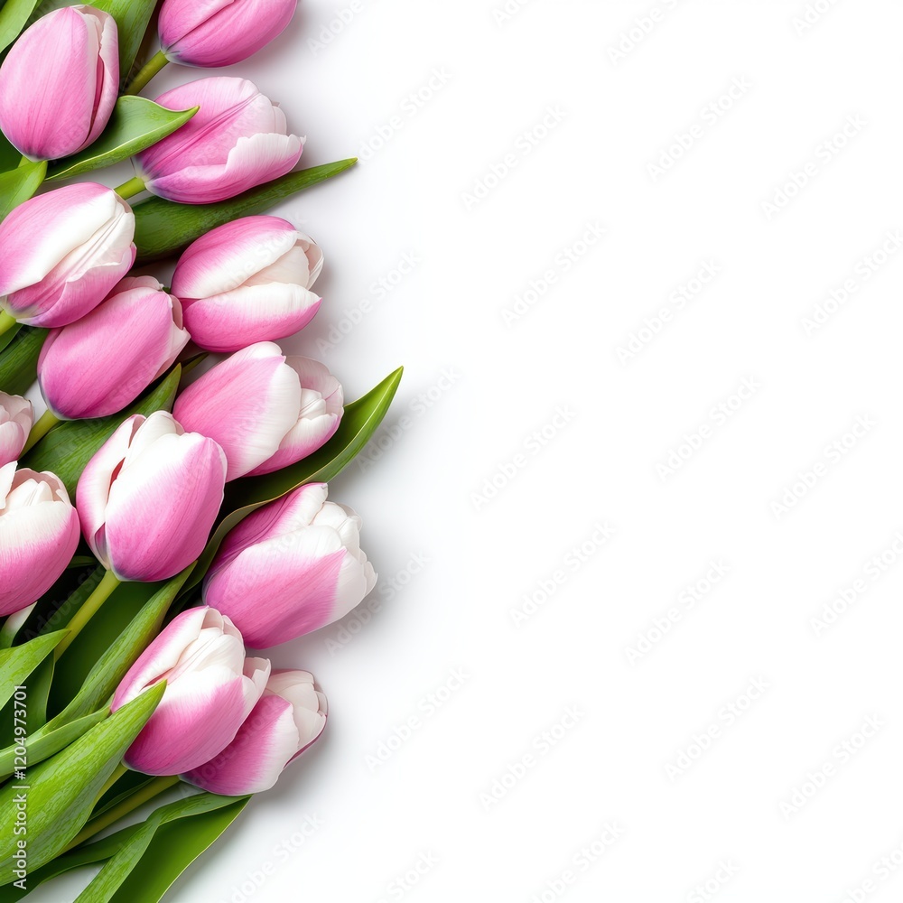 Pink Tulips Border on White Background - Spring Floral Arrangement Pink Tulips Border on White Background - Spring Floral Arrangement