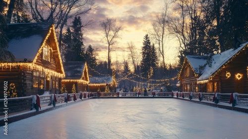 an enchanting outdoor ice rink surrounded by cozy wooden cabins, with skates neatly lined up and scarves fluttering in the wind, celebrating Christmas Eve Day