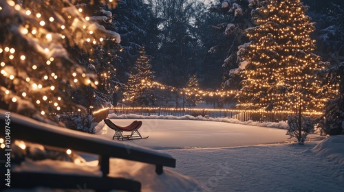an ice rink surrounded by towering pine trees wrapped in sparkling fairy lights, with a vintage sled resting against a nearby tree and skates hanging on the fence, celebrating Christmas Eve Day, 