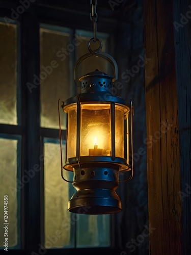 Old, Rusted Lantern Casting a Warm Glow Through the Window photo