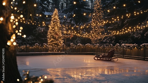 an ice rink surrounded by towering pine trees wrapped in sparkling fairy lights, with a vintage sled resting against a nearby tree and skates hanging on the fence, celebrating Christmas Eve Day, 