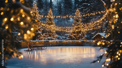 an ice rink surrounded by towering pine trees wrapped in sparkling fairy lights, with a vintage sled resting against a nearby tree and skates hanging on the fence, celebrating Christmas Eve Day, 