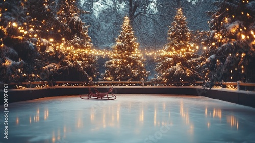 an ice rink surrounded by towering pine trees wrapped in sparkling fairy lights, with a vintage sled resting against a nearby tree and skates hanging on the fence, celebrating Christmas Eve Day, 
