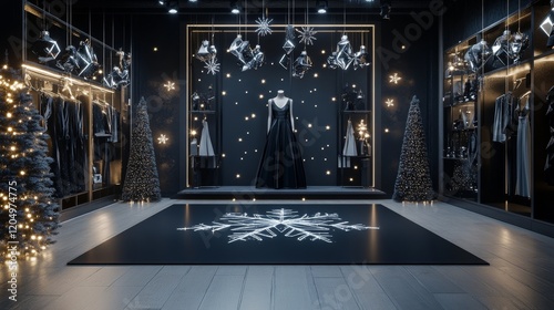 a high-end boutique showcasing monochromatic black and silver evening wear complemented by glowing geometric ornaments and a mirrored snowflake floor display, celebrating Christmas Eve Day,