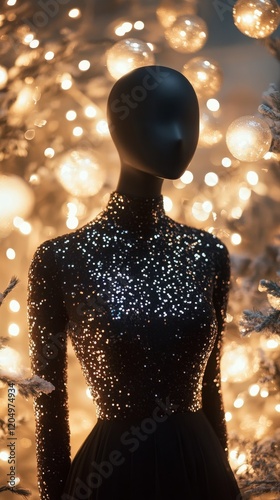  a trendy Christmas Eve fashion shoot background, showcasing a stylish mannequin wearing a holiday cocktail dress with sequins, surrounded by fairy light orbs,